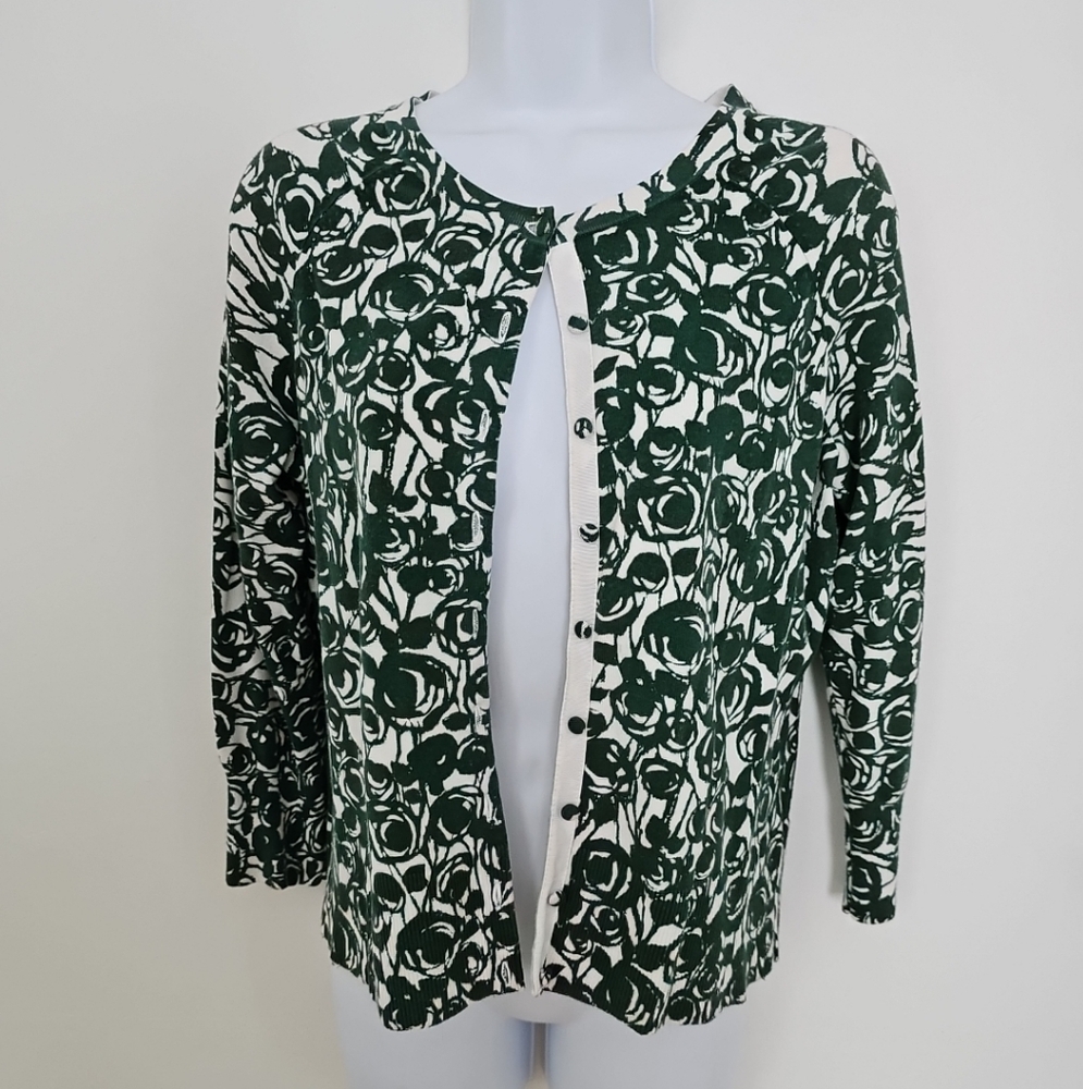 Banana Republic Button Front Cardigan Green and White Floral Medium Long Sleeve